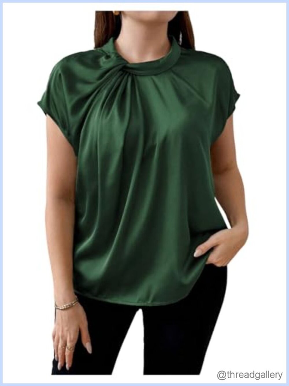 Plus Size Satin Blouse Short Sleeve Twist Front Crew Neck